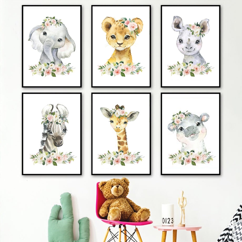Baby Nursery Elephant - Floral Jungle Animals Canvas Prints Nursery