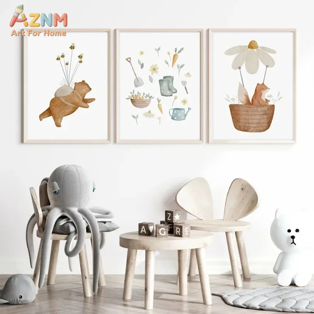 Baby Nursery Art - AZNM Watercolor Bear Fox Animal Canvas