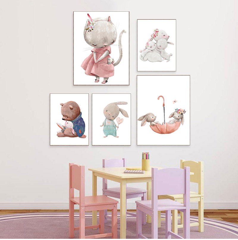 Baby Nursery Wall Decor - 1PC frameless decorative art print,Bear Rabbit