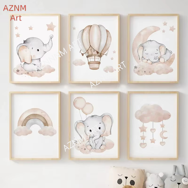 Baby Nursery Wall Art - Elephant Balloon Rainbow Moon Stars Cloud