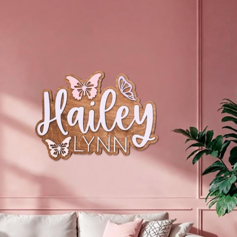 Baby Nursery Accent Wall - Personalized Butterfly Accent Wooden Name Plaque,