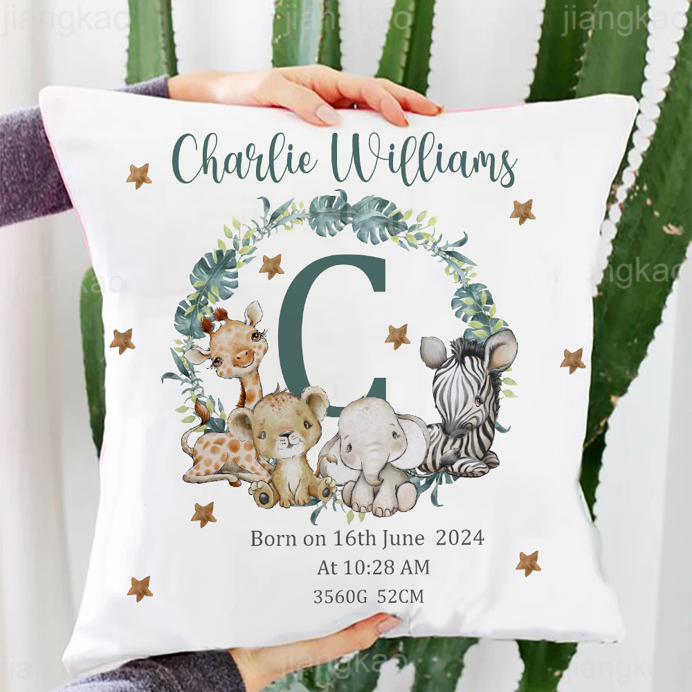 Baby Nursery Cushion - Personalized Safari Animal with Name Pillow