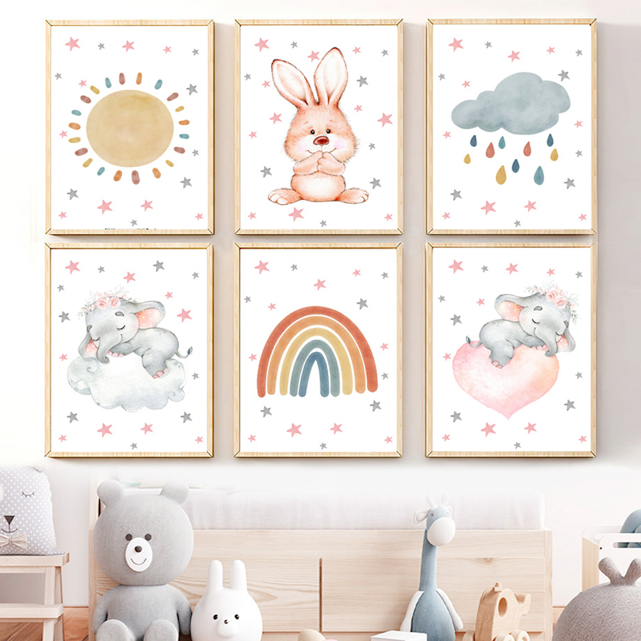 Baby Nursery Elephant - Watercolor Nursery Wall Art Mural Canvas