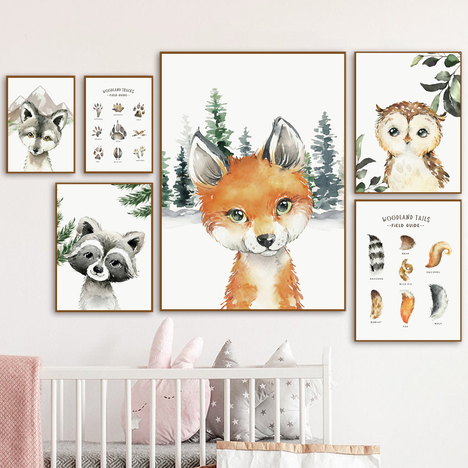 Baby Nursery Wall Decor - Fox Raccoon Owl Wolf Forest Nursery
