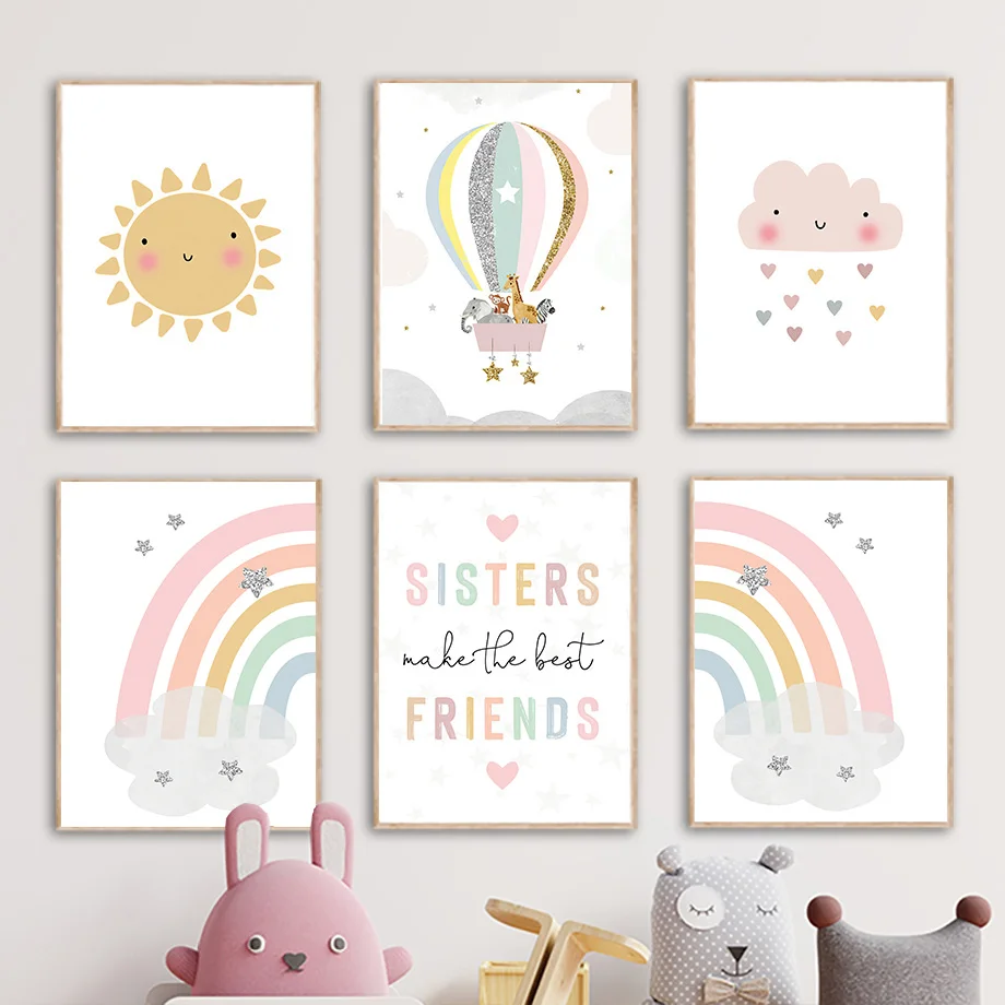 Baby Nursery Wall Art - Giraffe Elephant Hot Balloon Sun Rainbow
