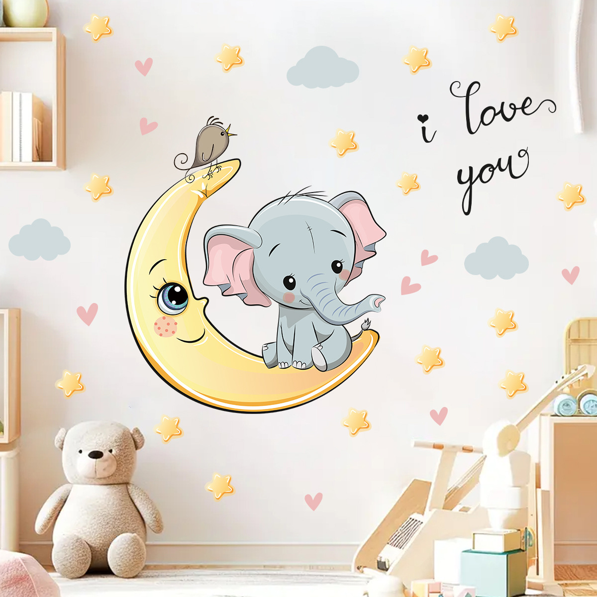 Baby Nursery Elephant - Cartoon Moon Good Night Elephant Wall