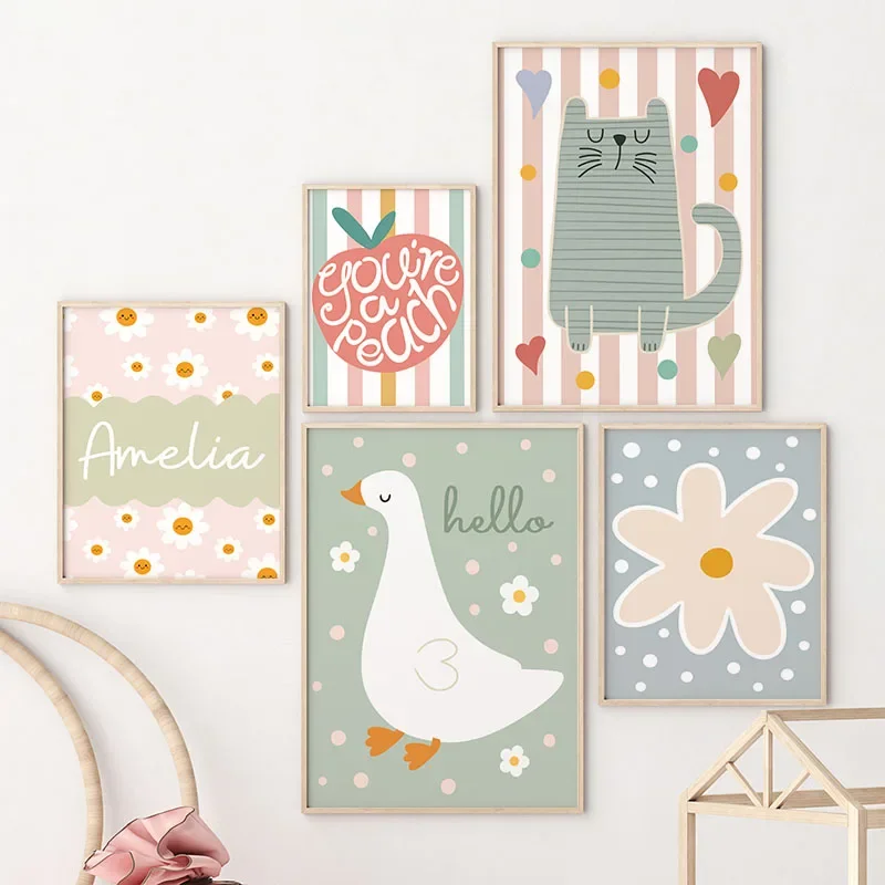 Baby Nursery Wall Art - Cartoon Cat Duck Bird Apple Custom