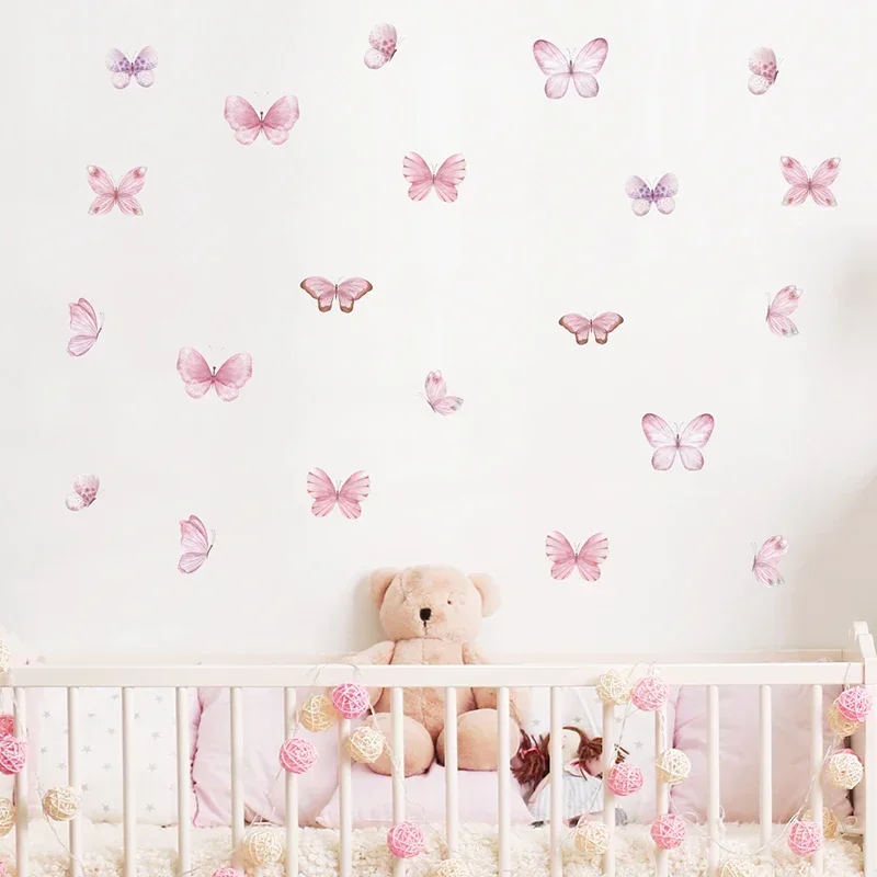 Baby Nursery Water - 17pcs Watercolor Pink Flying Butterflies Pattern