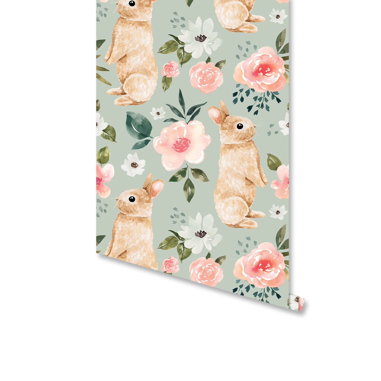 Baby Nursery Water - Sage Green Bunny Floral Wallpaper Rabbit