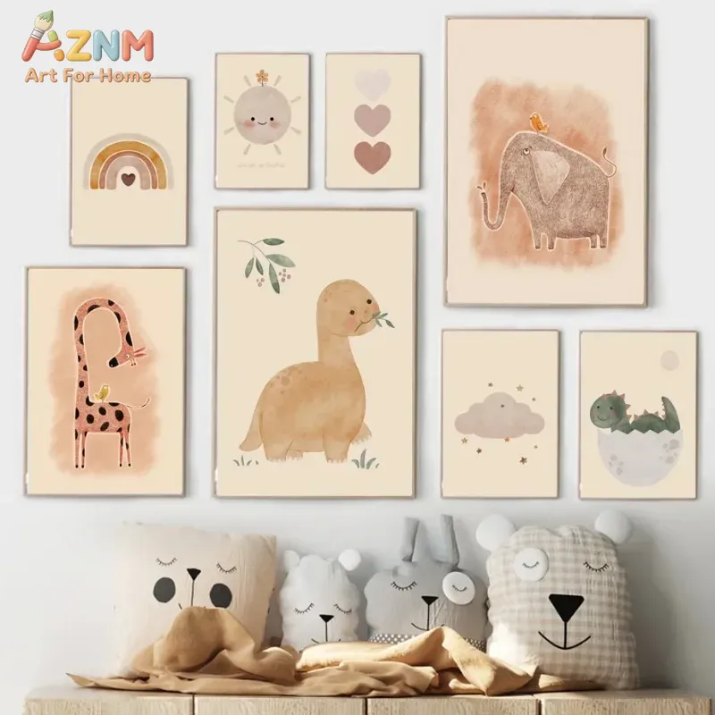 Baby Nursery Elephant - AZNM Neutral Watercolor Dinosaur Canvas Wall