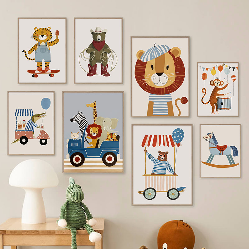 Baby Nursery Wall Art - Funny Cartoon Animal Car Balloon Nursery