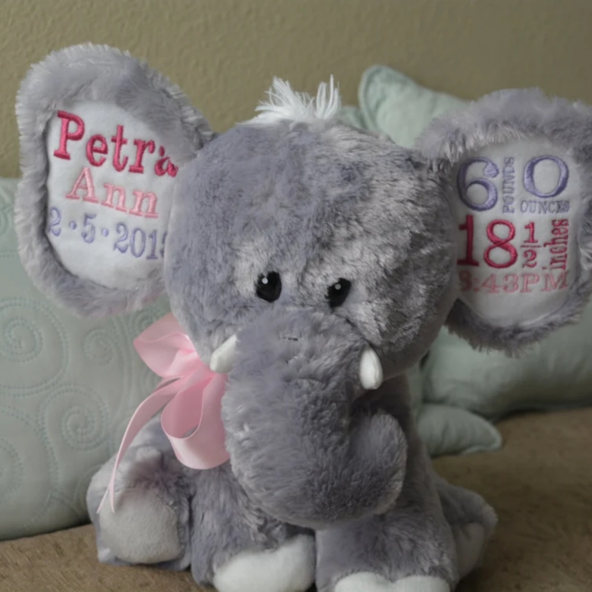 Baby Nursery Elephant - Custom Birth Stats Elephant Plush –