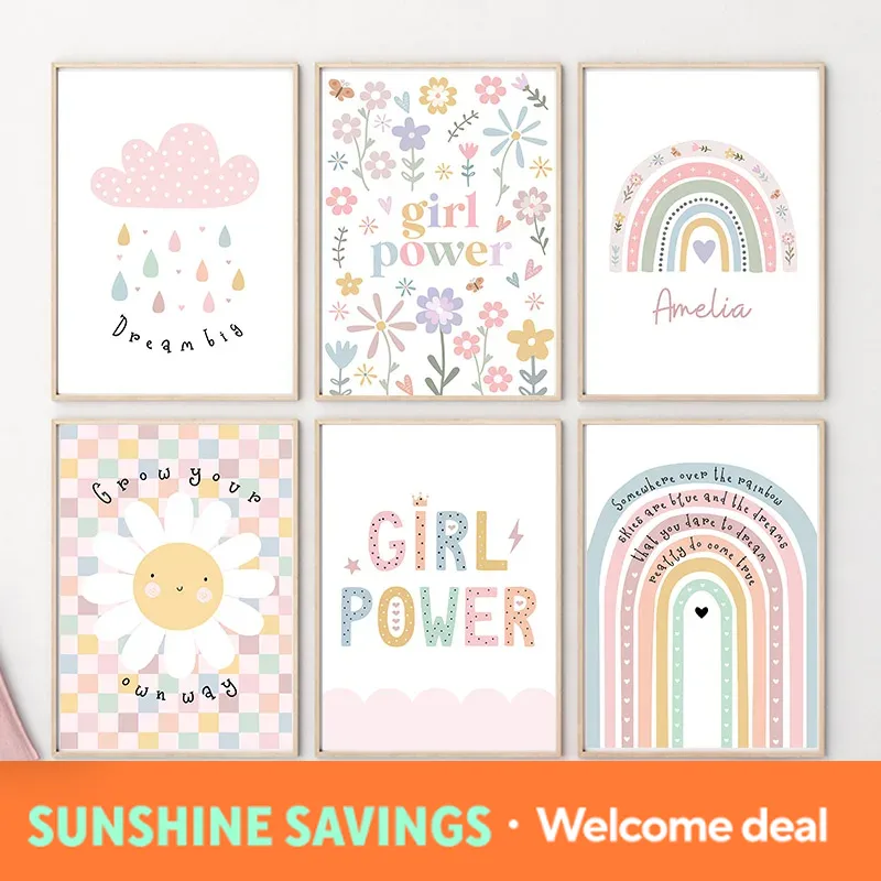 Baby Nursery Wall Art - Sun Flower Rainbow Cloud Heart Nursery