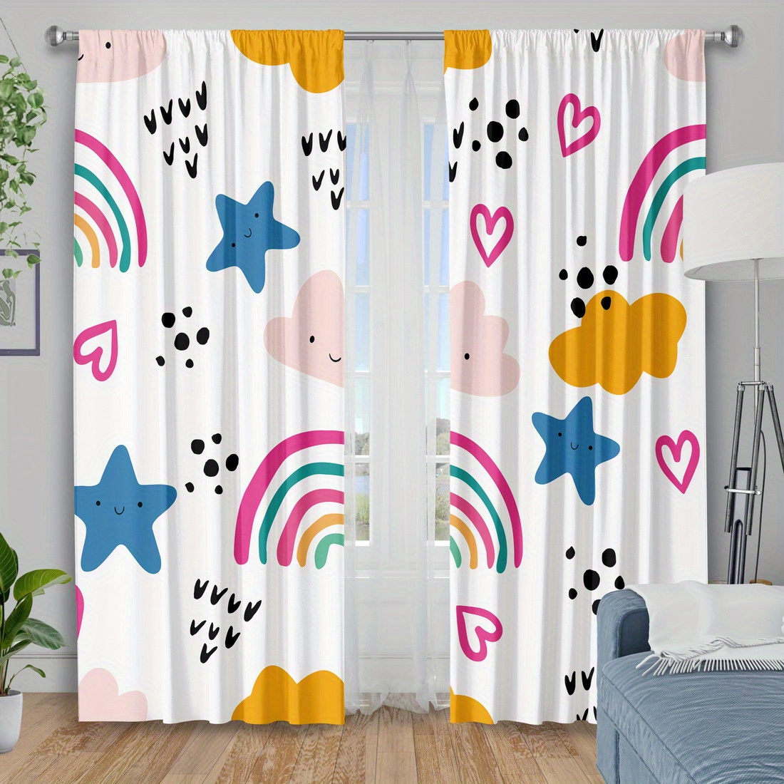 Baby Nursery Curtains - Cute Rainbow Stars Hearts Nursery Curtain