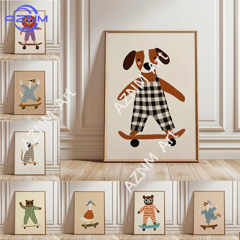 Baby Nursery Wall Decor - 1PC Funny Animal Skateboarding Poster Trendy