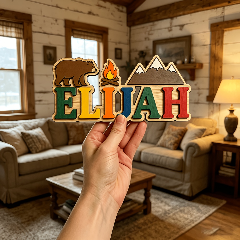 Baby Nursery Accent Wall - Customizable Bear & Campfire Wooden Name
