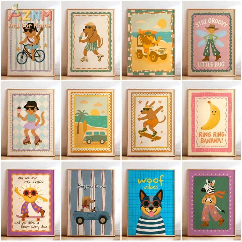 Baby Nursery Wall Art - AZNM Retro Groovy Cute Animal Canvas