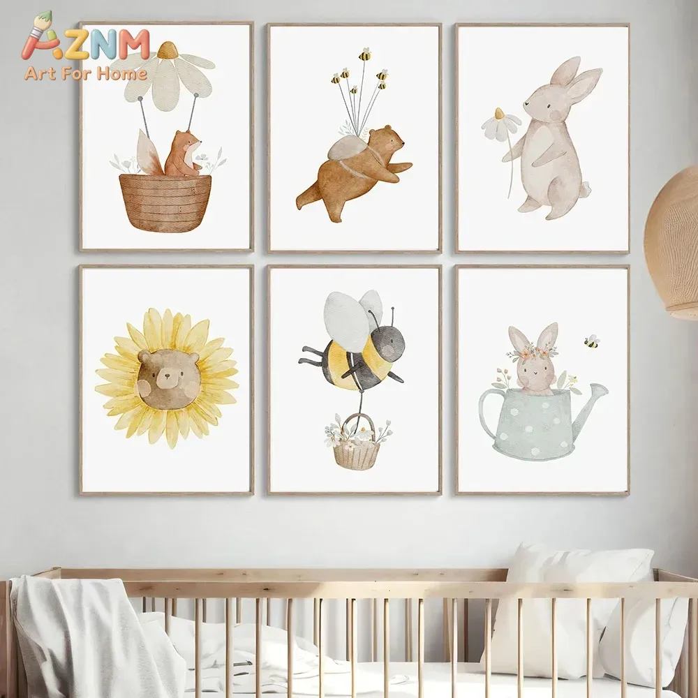 AZNM Watercolor Bear Fox Anima - Baby Nursery Art ulasan dan harga