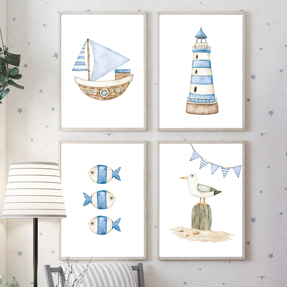Sailboat Lighthouse Fish Nauti - Baby Nursery Art ulasan dan harga