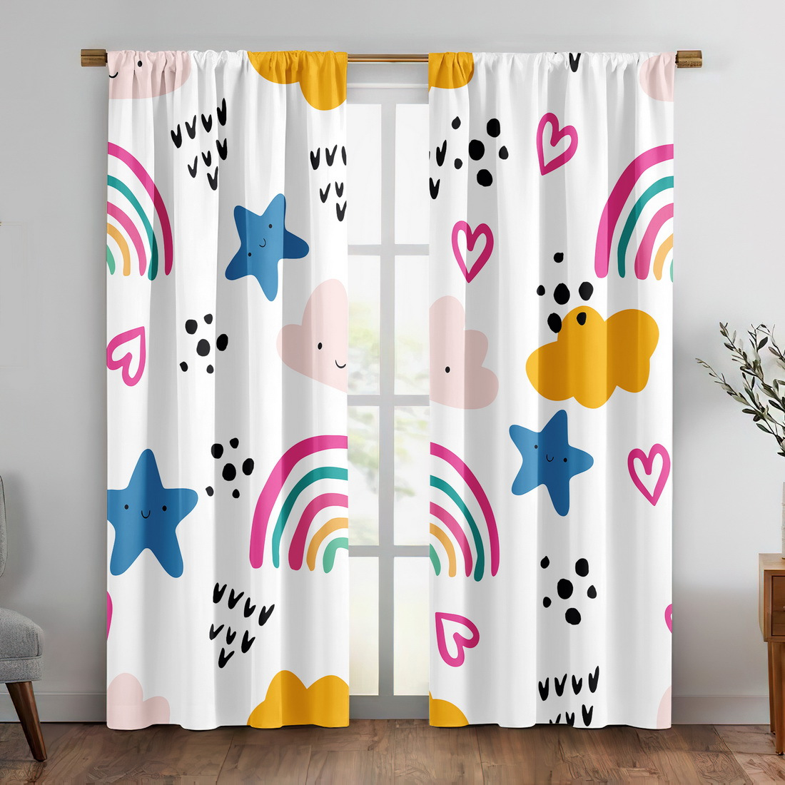 Cute Rainbow Stars Hearts Nurs - Baby Nursery Curtains ulasan dan harga